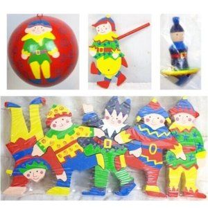 Lot of Wooden Christmas Toy Spinning Top Ornament Walking Elf Interlocking Elves